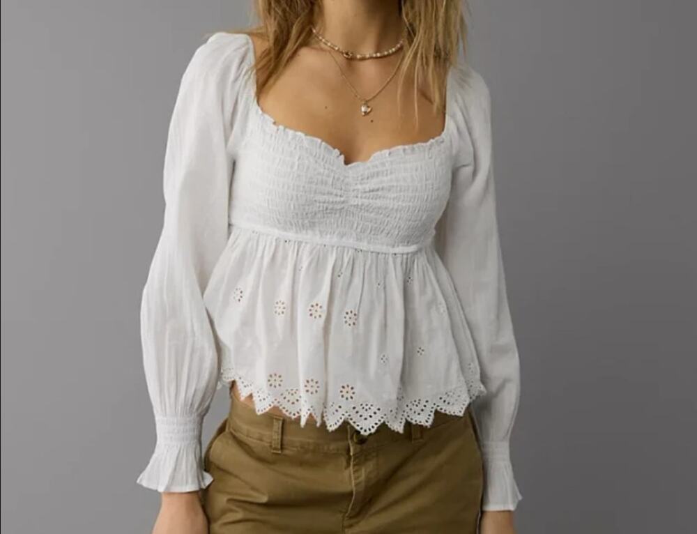 NEW American Eagle Eyelet Peplum Top Long Sleeve White XS Boho Hippie